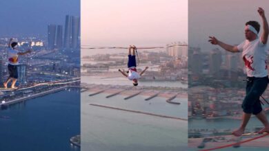 Video: Red Bull athlete set world record for longest LED slackline walk in Qatar