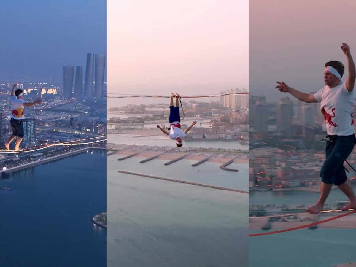 Video: Red Bull athlete set world record for longest LED slackline walk in Qatar