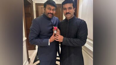 Proud son Ram Charan strikes pose with father Chiranjeevi's Padma Vibhushan