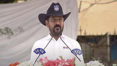 A Revanth Reddy addresses police officials during Police Commemoration Day