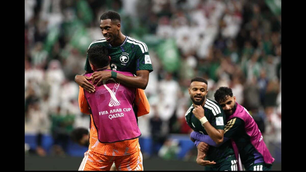 Suadi Arabia foot ballers celebrate their win over Palestine in FIFA Arab Cup