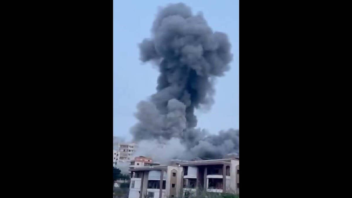 Smoke coming out after a building was bombed in Lebanon