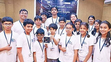 The team of 17 middle-school students from Hyderabad who built the engineered, coded, and assembled a flight-ready satellite.