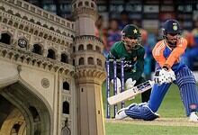 An intense cricket match in Hyderabad showing players in action on the pitch.