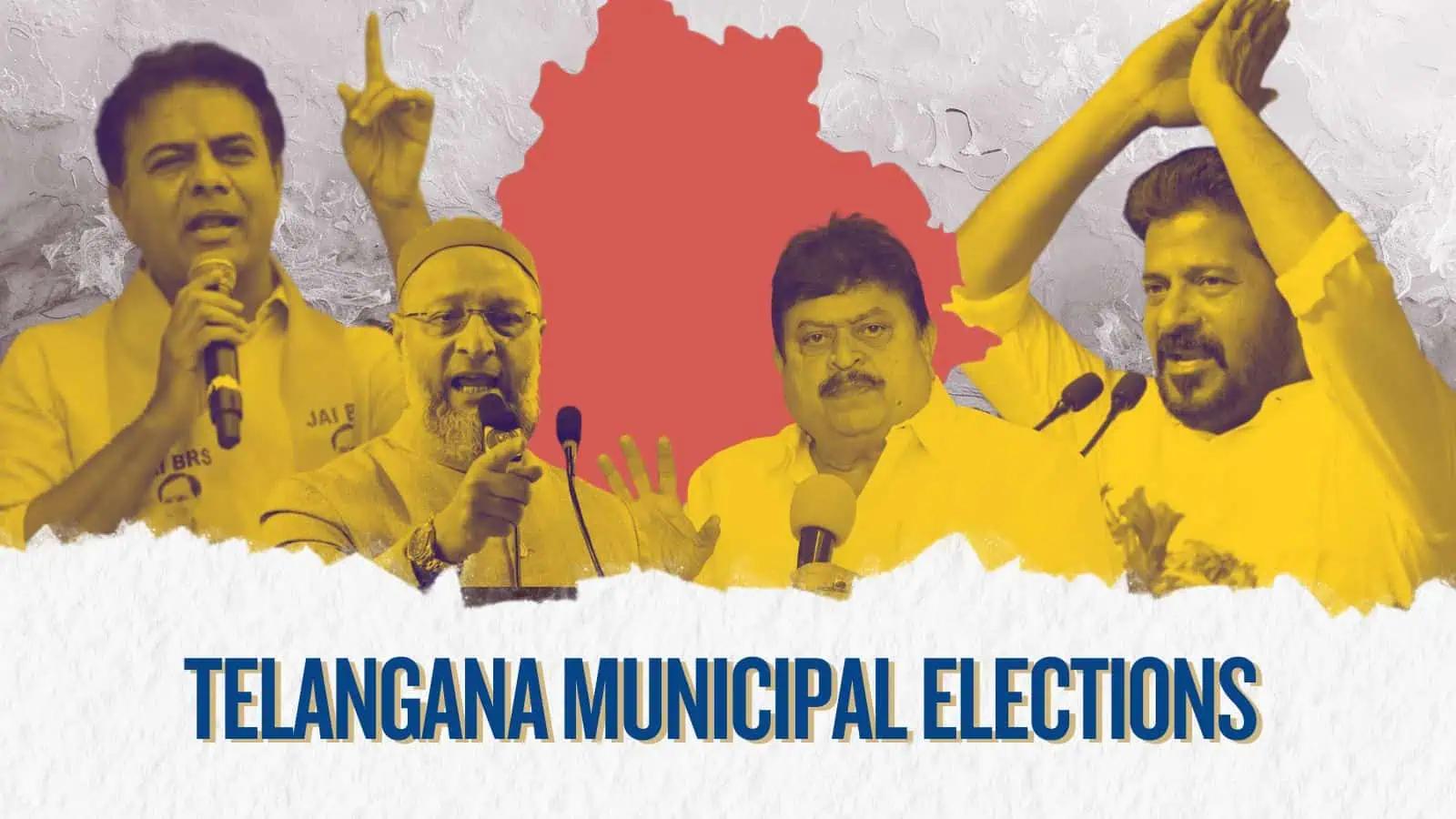 Telangana Congress leaders celebrating election victory with raised hands and microphones.