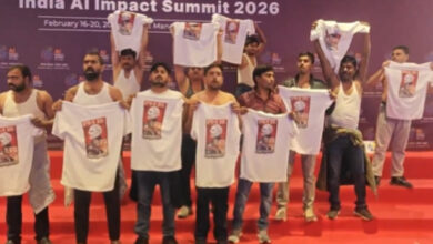 Indian Youth Congress protest at AI Summit in New Delhi on Friday, February 20.
