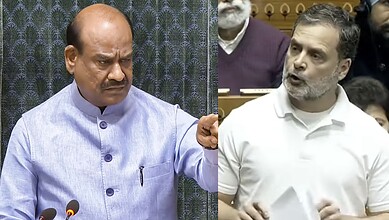Lok Sabha Speaker Om Birla (left) and senior Congress Rahul Gandhi (right)