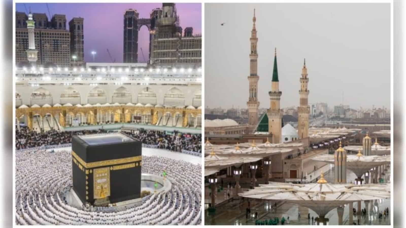 Worshippers gather around the Kaaba at the Grand Mosque in Makkah and a view of the Prophet’s Mosque in Madinah.