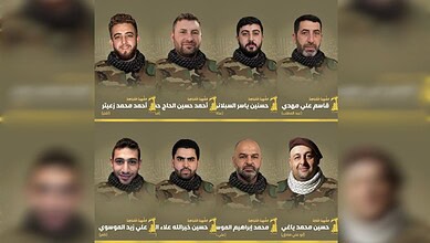 Group of Hezbollah members in military attire, with Arabic text overlay, during a news report.