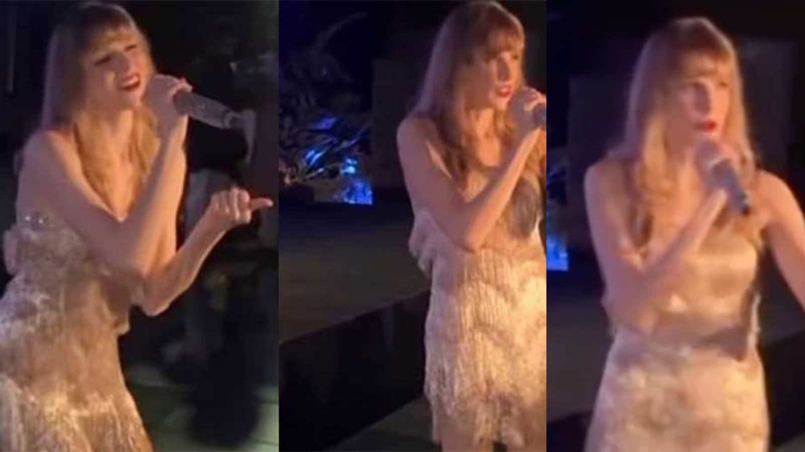 Taylor Swift singing at a wedding event in Jamnagar, India, during a special celebration.