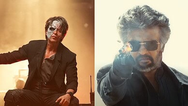 Shah Rukh Khan filming for 'Jailer2' with intense expression and sunglasses.