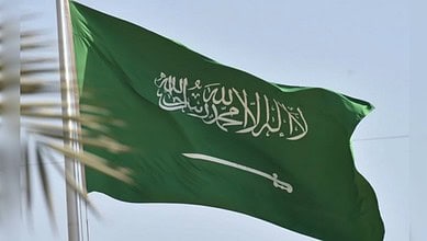 Saudi Arabian national flag waving against the sky