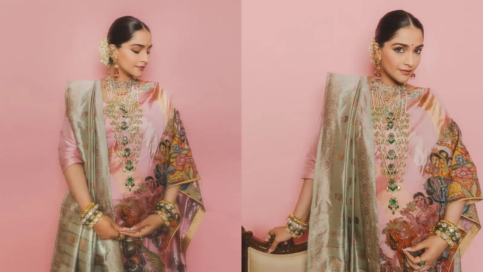 Sonam Kapoor showcasing a Hyderabadi Nizami Satlada Haar jewelry piece.