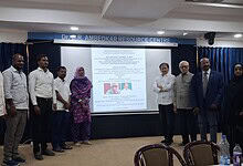A group of attendees pose at the Dr. B.R. Ambedkar Resource Centre during a roundtable discussion on the Telangana Minority Welfare Budget.