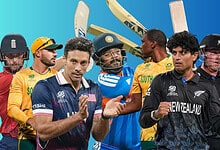 Cricket players celebrating after a match, with a blue sky background.