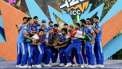 India cricket team celebrating ICC T20 World Cup victory with trophy.