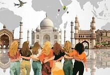 Women exploring Indian monuments, showcasing empowerment and travel influence across borders.
