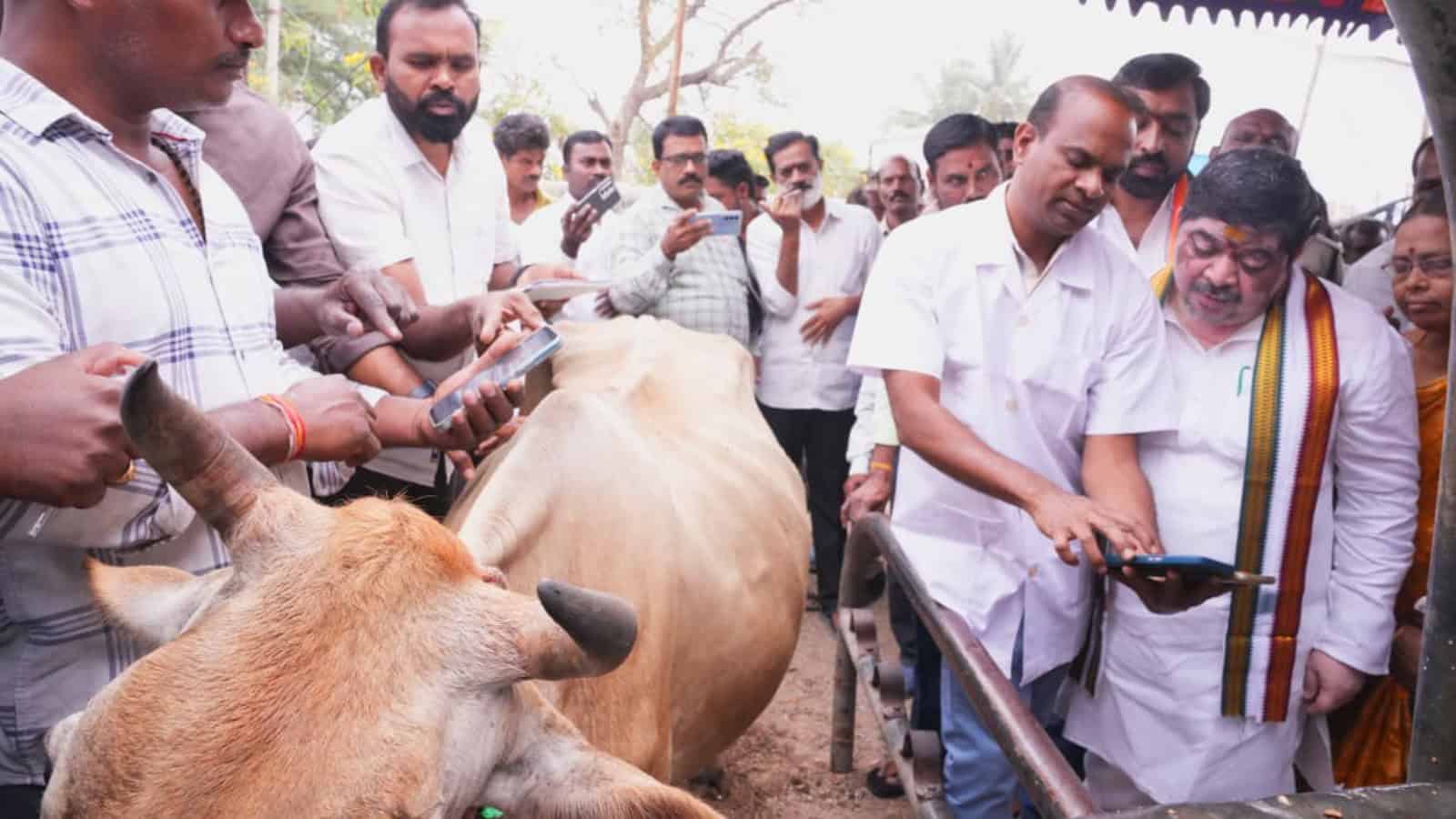 Ponnam Prabhakar launches cattle vaccination drive with local officials and farmers in Karimnagar.