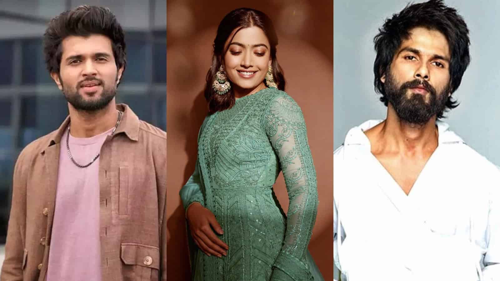 An image of Rashmika Mandanna with two male actors, highlighting her next six films and romantic on-scree.
