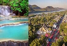 Beautiful waterfalls and lush greenery in a tropical destination near mountains.