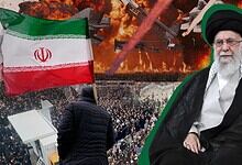 Iranian leader with protests and explosions in background, emphasizing threats to international security.