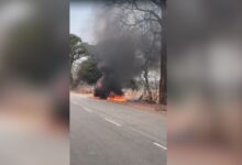 Moving car cauthes fire near the outskirts of Ghanpur village located in Machareddy mandal, Kamareddy district.