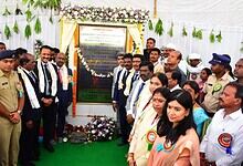 Group of officials and dignitaries at the foundation stone laying event for Sircilla court complex, Telan.