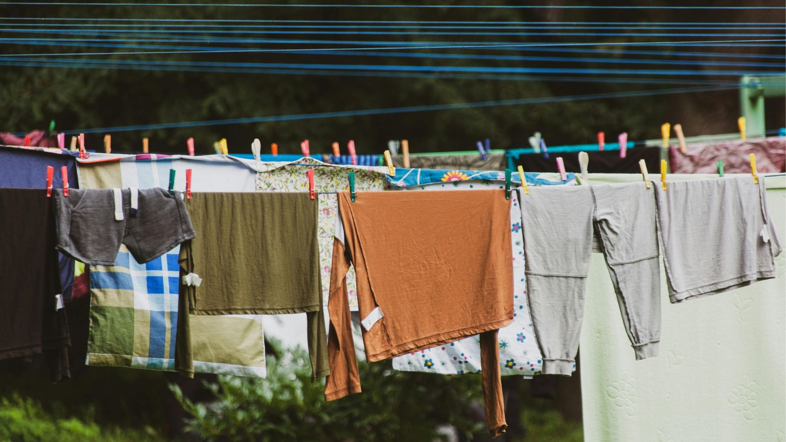 Colorful clothes and linens hanging on parallel blue clotheslines outdoors, secured with multicolored wooden and plastic clothespins, with green foliage in the background.