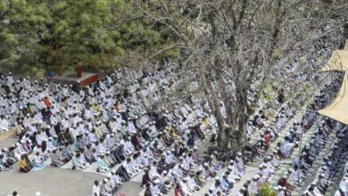 People from the Muslim community offer namaz on the eve of Eid al-Fitr festival, in Varanasi, Friday,