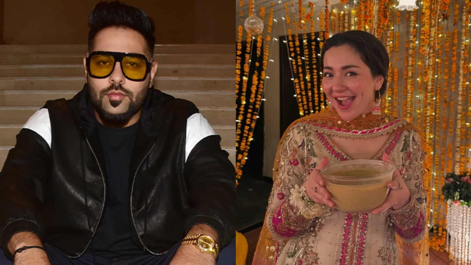 Badshah attending Hania Aamir’s wedding, dressed stylishly with sunglasses and a black jacket.