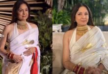 Neena Gupta in traditional white saree with gold jewellery, addressing pregnancy rumours with confidence.