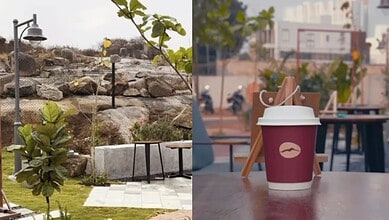 A cozy hilltop cafe at Gandipet with outdoor seating, surrounded by rocks and greenery, perfect for relax.