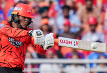 Sunrisers Hyderabad's Abhishek Sharma plays a shot during IPL cricket match between Punjab Kings and Sunrisers Hyderabad