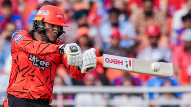 Sunrisers Hyderabad's Abhishek Sharma plays a shot during IPL cricket match between Punjab Kings and Sunrisers Hyderabad