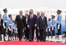Vance walks on the red carpet with Pakistan’s Chief of Defence Forces and Chief of Army Staff Field Marshal Asim Munir, Pakistani Deputy Prime Minister and Foreign Minister Mohammad Ishaq Dar