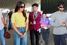 Vijay and Rashmika making separate appearances at the airport.