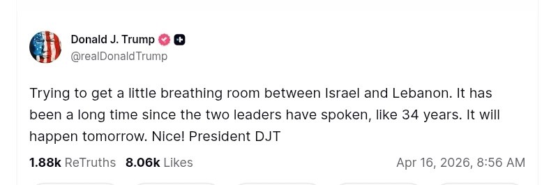 US President Donald J Trump’s Truth Social post on efforts to ease Israel–Lebanon tensions after decades.