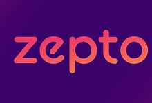 Zepto logo displayed on a dark purple to blue gradient background, representing a modern delivery service.