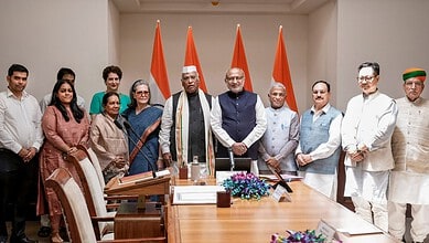 Rajya Sabha MPs taking oath during the swearing-in ceremony in India.