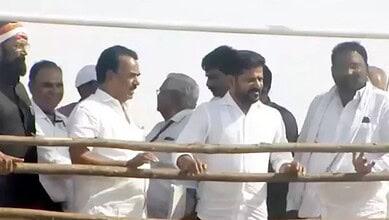 The image shows Telangana CM A Revanth Reddy inspecting the Makthal-Narayanpet-Kodangal Lift Irrigation scheme works at Katrevulapalli village of Makthal mandal in Narayanpet district on Thursday, June 4, 2026.