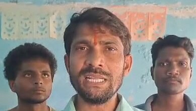 The image shows V Gopinath, SGT from Paatimeedhi Gudem in Gudur mandal of Mahabubabad district, who held a campaign to enroll all the children in the village in the government school.