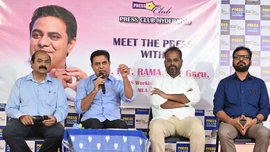 Engaging press conference at Press Club Hyderabad with speakers discussing media and journalism topics.
