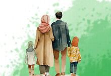 A man and woman walking with two children in a park, viewed from behind.