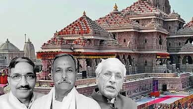 Photograph of three men in front of a Hindu temple during a festival or event.