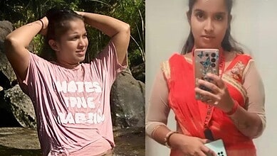 Two women, one in casual pink and the other in traditional red attire, in a split image.