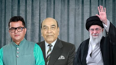 Indian officials attending Khamenei's funeral, including a man in traditional attire and a man in a suit.