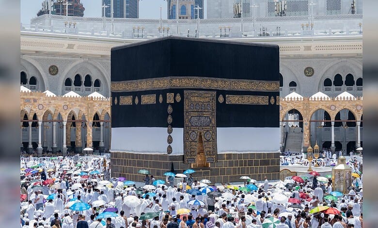 Pilgrims gather around the Kaaba at Masjid al-Haram in Mecca during Hajj pilgrimage.