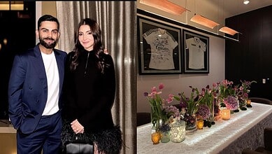 A woman and a man in formal attire standing in front of a decorated table with flowers and framed jerseys.