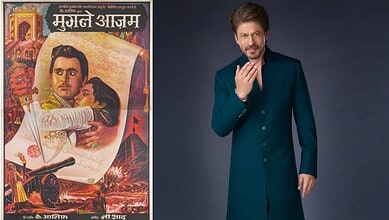 A poster of Mughal-e-Azam and Bollywood actor Shah Rukh Khan in a blue suit.
