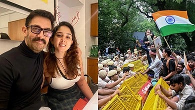 Aamir Khan's daughter Ira with her father at a casual indoor setting.